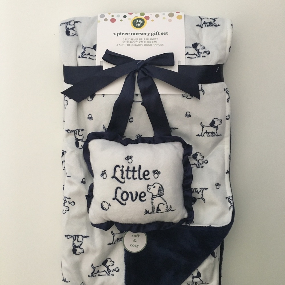 Baby Blanket Blue Reversible and Door Decor “Little Love” NEW Little Me Gift